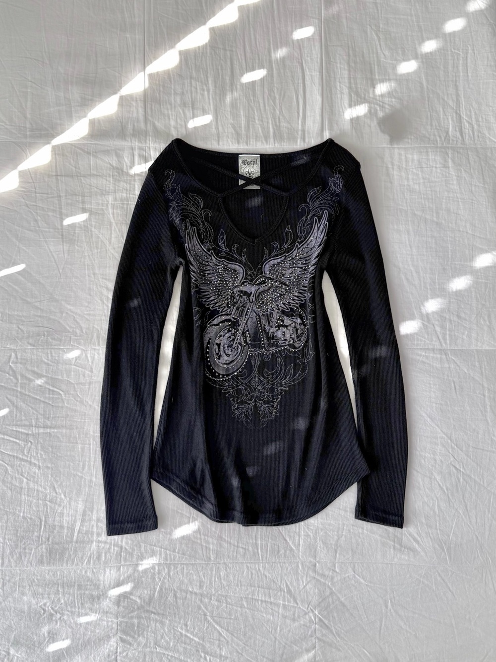 Vintage Vocal Biker Grunge Rhinestone Motorcycle Wings Graphic Longsleeve Size L